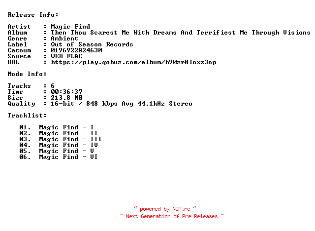 NFO for the release Magic_Find-Then_Thou_Scarest_Me_With_Dreams_And_Terrifiest_Me_Through_Visions-16BIT-44KHZ-WEB-FLAC-2023-CBR by CBR