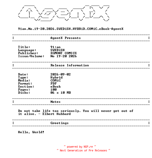 NFO for the release 91an.No.19-20.2026.SWEDiSH.HYBRiD.COMiC.eBook-AgentX by AgentX