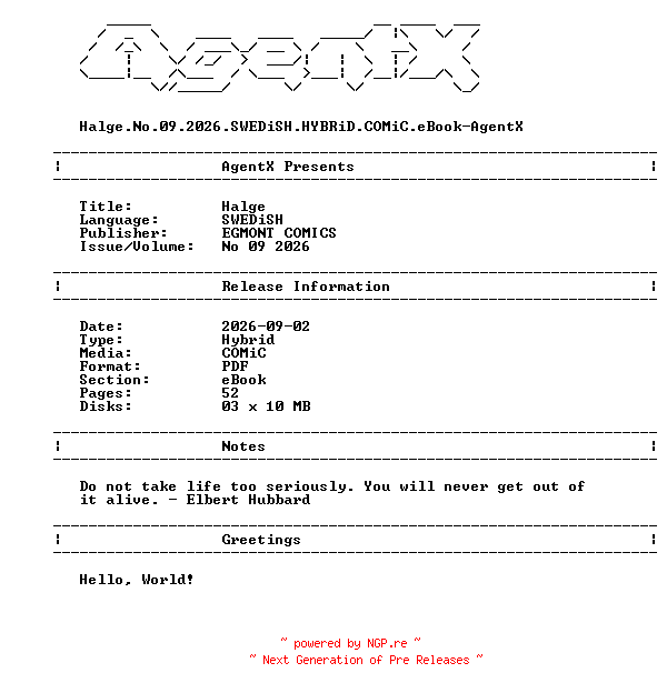 NFO for the release Halge.No.09.2026.SWEDiSH.HYBRiD.COMiC.eBook-AgentX by AgentX