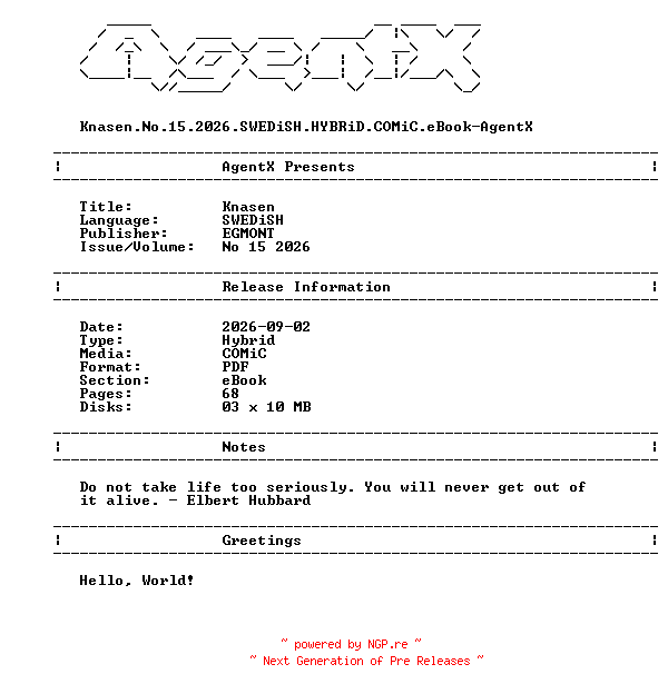 NFO for the release Knasen.No.15.2026.SWEDiSH.HYBRiD.COMiC.eBook-AgentX by AgentX
