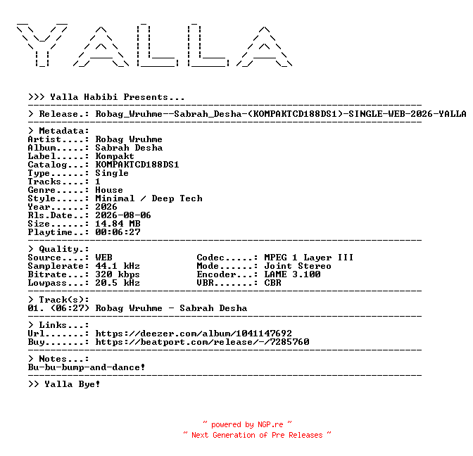 NFO for the release Robag_Wruhme--Sabrah_Desha-(KOMPAKTCD188DS1)-SINGLE-WEB-2026-YALLA by YALLA