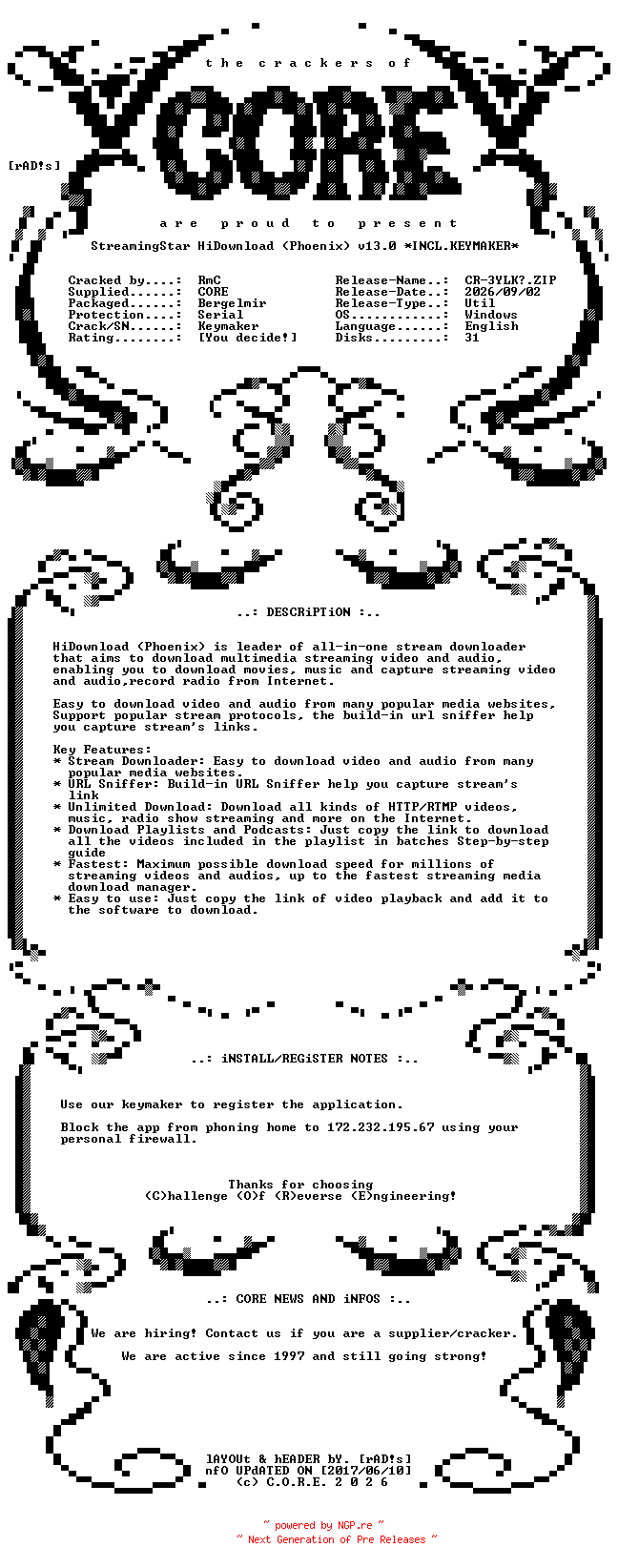 NFO for the release StreamingStar.HiDownload.Phoenix.v13.0.x64.Incl.Keymaker-CORE by CORE