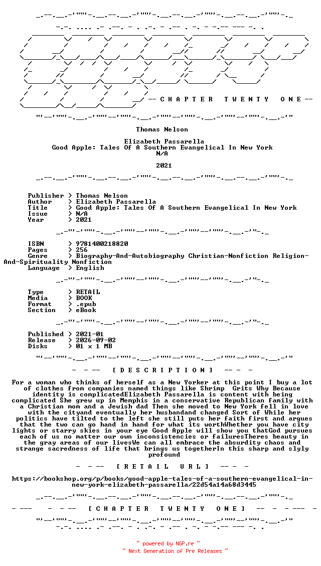 NFO for the release Elizabeth.Passarella.-.Good.Apple.Tales.Of.A.Southern.Evangelical.In.New.York.2021.RETAIL.EPUB.eBook-CTO by CTO