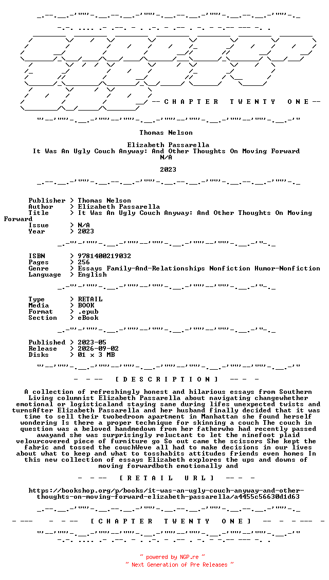 NFO for the release Elizabeth.Passarella.-.It.Was.An.Ugly.Couch.Anyway.And.Other.Thoughts.On.Moving.Forward.2023.RETAIL.EPUB.eBook-CTO by CTO