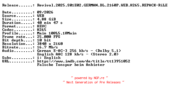 NFO for the release Revival.2025.S01E02.GERMAN.DL.2160P.WEB.H265.REPACK-RiLE by RiLE