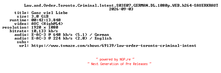NFO for the release Law.and.Order.Toronto.Criminal.Intent.S03E07.GERMAN.DL.1080p.WEB.h264-SAUERKRAUT by SAUERKRAUT