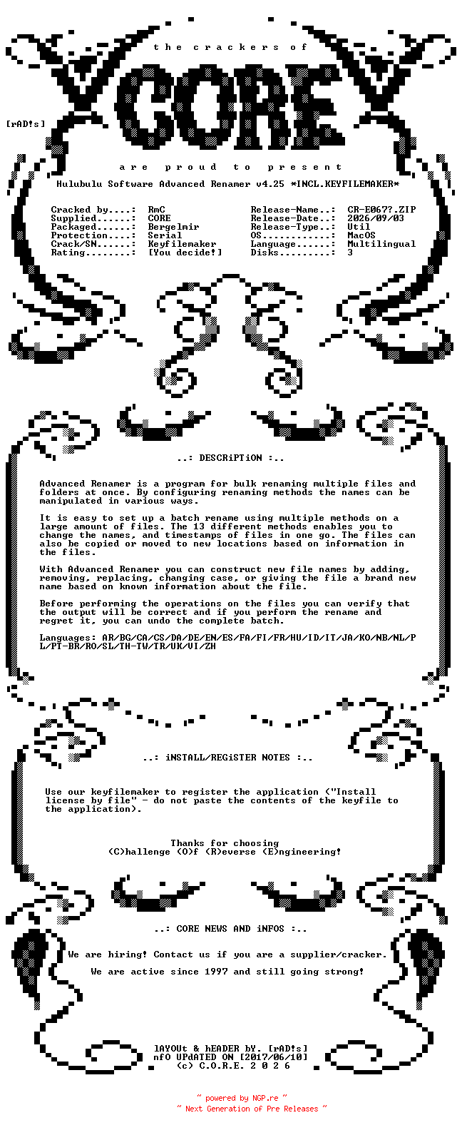 NFO for the release Hulubulu.Software.Advanced.Renamer.v4.25.MacOS.ARM64.Multilingual.Incl.Keyfilemaker-CORE by CORE
