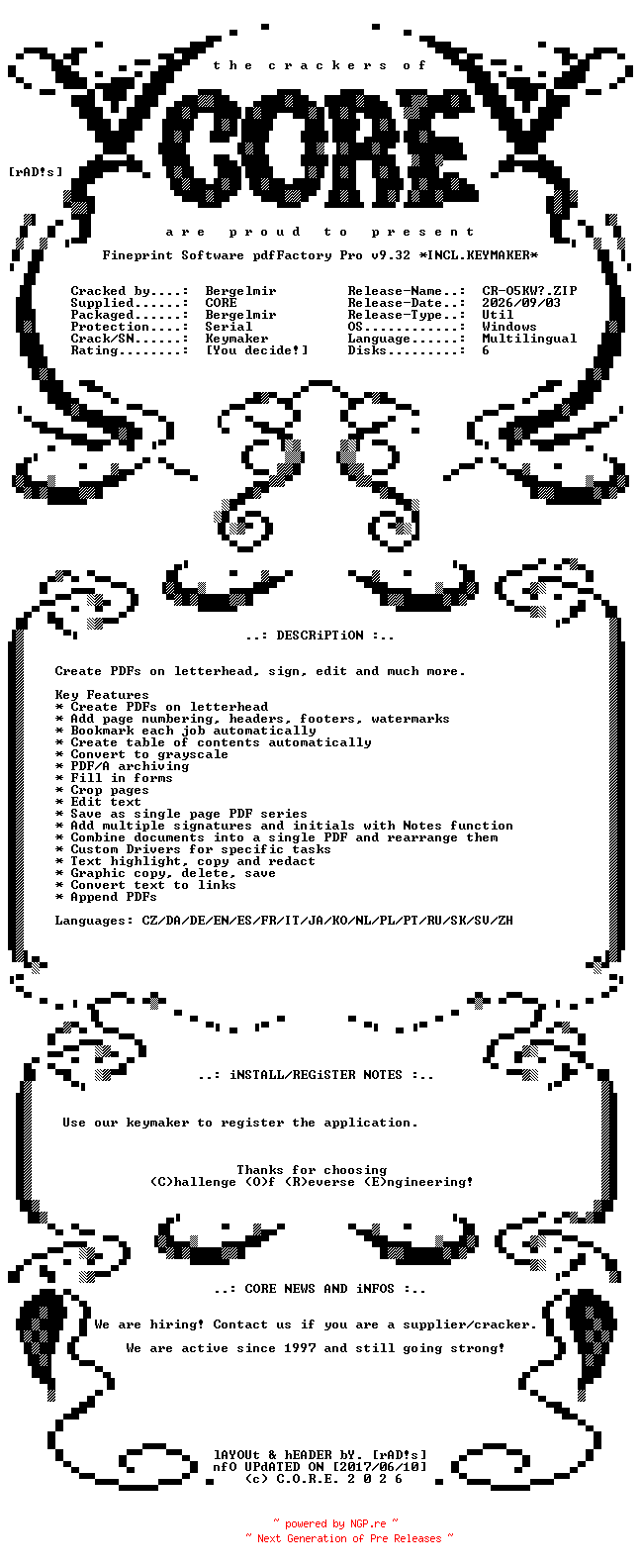 NFO for the release Fineprint.Software.pdfFactory.Pro.v9.32.Multilingual.Incl.Keymaker-CORE by CORE