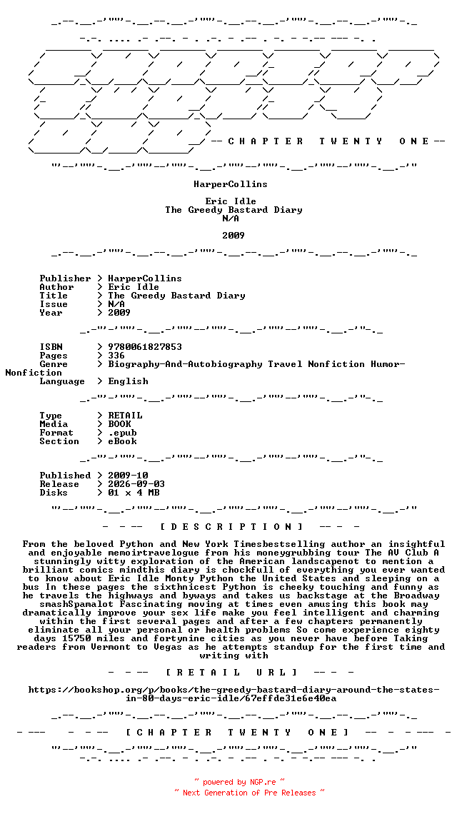 NFO for the release Eric.Idle.-.The.Greedy.Bastard.Diary.2009.RETAIL.EPUB.eBook-CTO by CTO