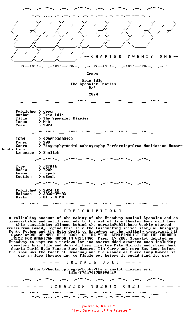 NFO for the release Eric.Idle.-.The.Spamalot.Diaries.2024.RETAIL.EPUB.eBook-CTO by CTO