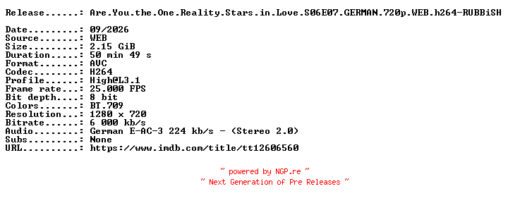 NFO for the release Are.You.the.One.Reality.Stars.in.Love.S06E07.GERMAN.720p.WEB.h264-RUBBiSH by RUBBiSH