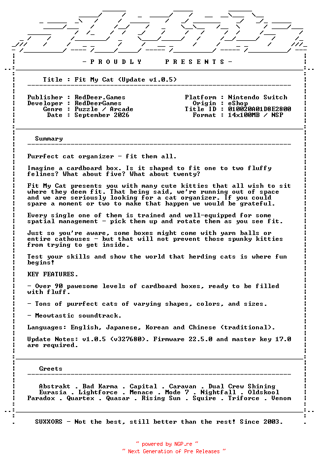 NFO for the release Fit_My_Cat_Update_v1.0.5_NSW-SUXXORS by SUXXORS