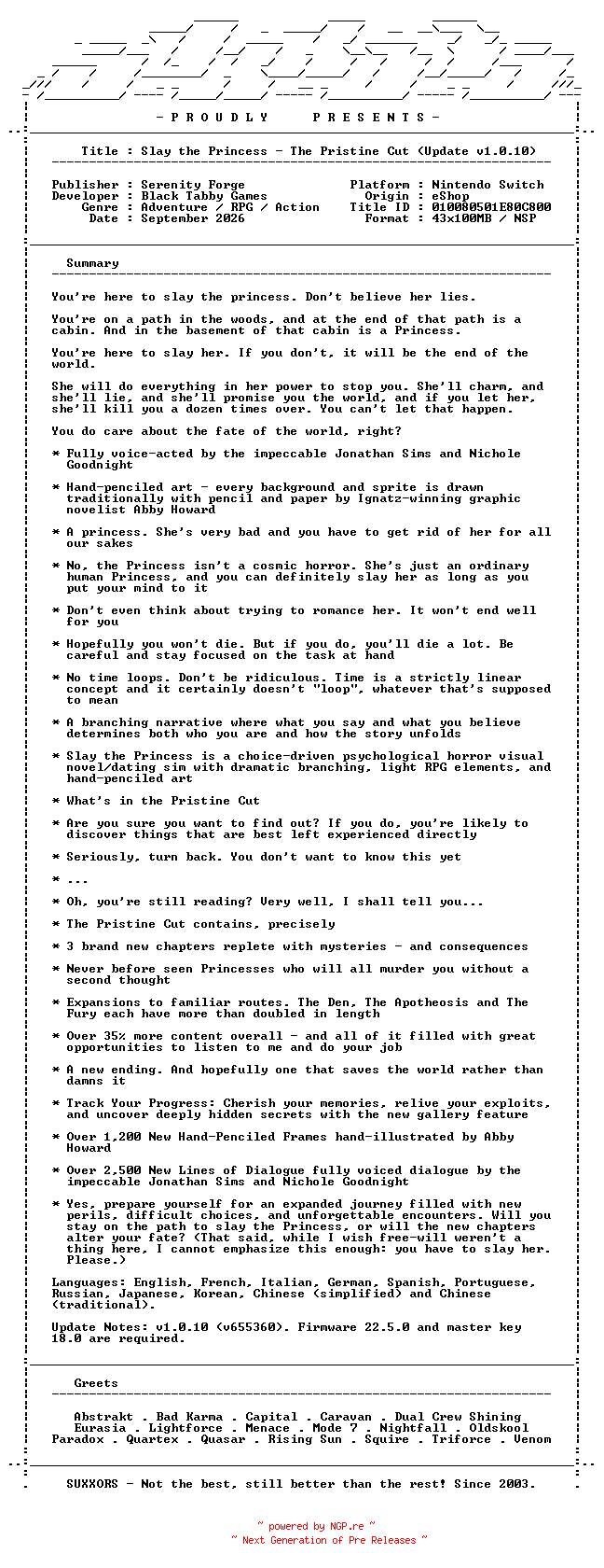 NFO for the release Slay_the_Princess_The_Pristine_Cut_Update_v1.0.10_NSW-SUXXORS by SUXXORS