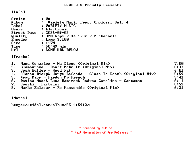 NFO for the release VA-Variety_Music_Pres._Choices_Vol._4-WEB-2026-RAWBEATS by RAWBEATS