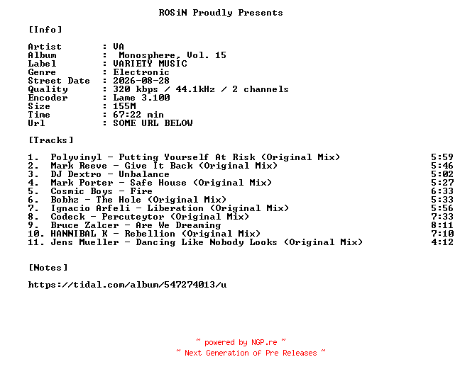 NFO for the release VA-Monosphere_Vol._15-WEB-2026-ROSiN by ROSiN