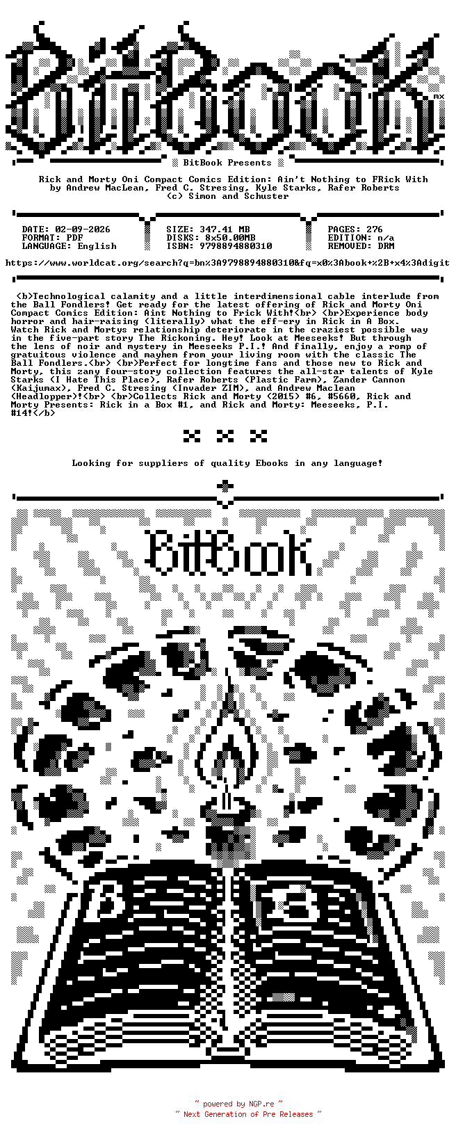 NFO for the release Oni.Press.-.Rick.and.Morty.Oni.Compact.Comics.Edition.Ain.t.Nothing.to.FRick.With.2026.Retail.Comic.eBook-BitBook by BitBook
