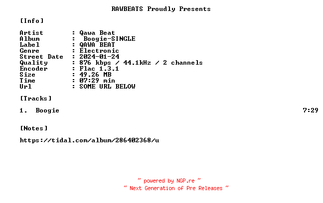 NFO for the release Qawa_Beat-Boogie-SINGLE-16BIT-WEB-FLAC-2024-RAWBEATS by RAWBEATS
