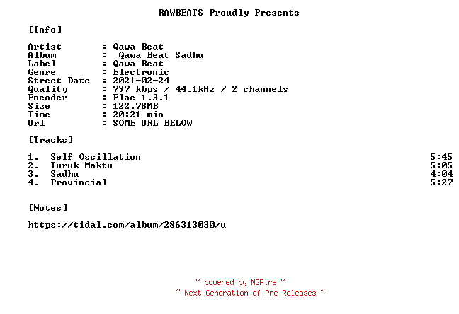 NFO for the release Qawa_Beat-Qawa_Beat_Sadhu-16BIT-WEB-FLAC-2021-RAWBEATS by RAWBEATS