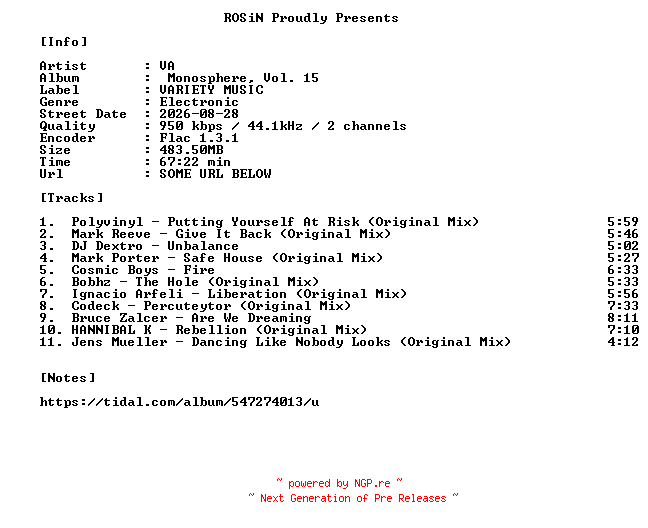 NFO for the release VA-Monosphere_Vol._15-16BIT-WEB-FLAC-2026-ROSiN by ROSiN