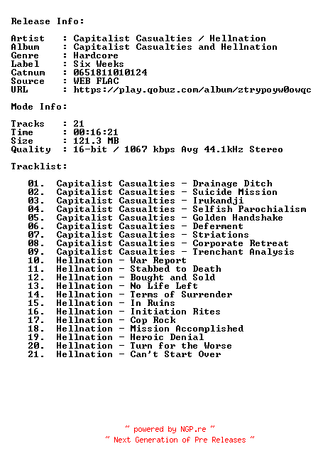 NFO for the release Capitalist_Casualties_And_Hellnation-Capitalist_Casualties_And_Hellnation-SPLIT-16BIT-44KHZ-WEB-FLAC-2007-CBR by CBR