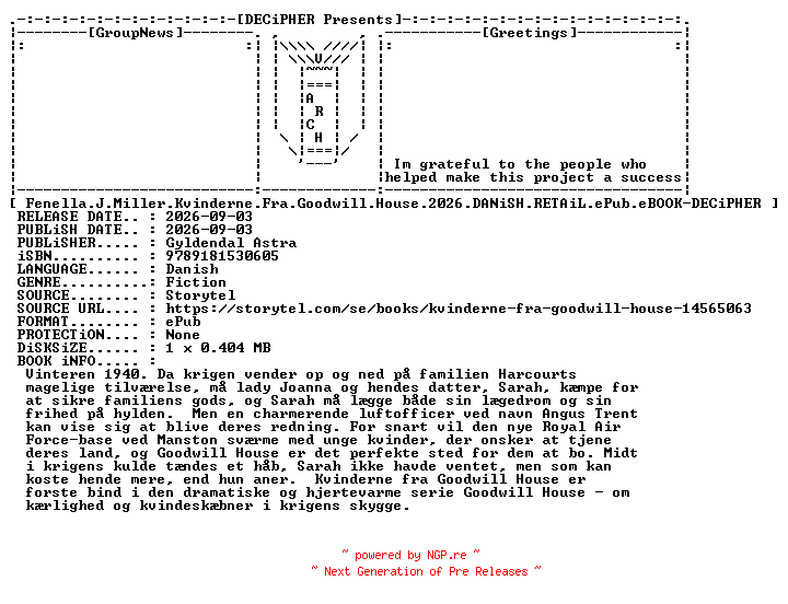 NFO for the release Fenella.J.Miller.Kvinderne.Fra.Goodwill.House.2026.DANiSH.RETAiL.ePub.eBOOK-DECiPHER by DECiPHER