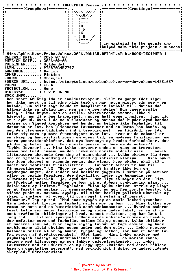 NFO for the release Nina.Lykke.Hvor.Er.De.Voksne.2026.DANiSH.RETAiL.ePub.eBOOK-DECiPHER by DECiPHER