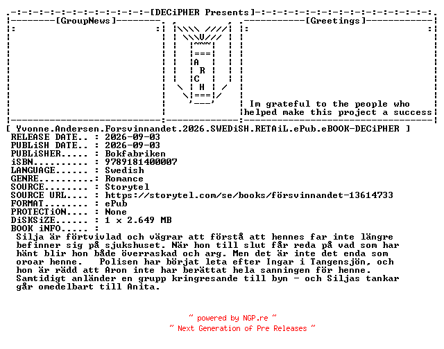 NFO for the release Yvonne.Andersen.Forsvinnandet.2026.SWEDiSH.RETAiL.ePub.eBOOK-DECiPHER by DECiPHER