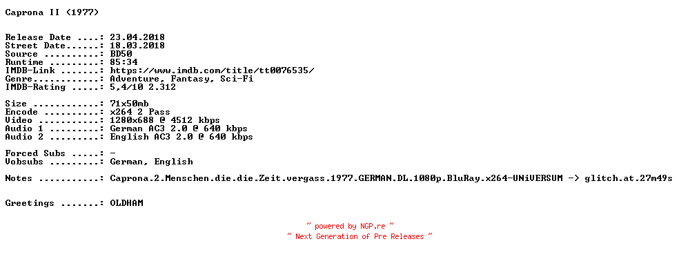 NFO for the release Caprona.2.Menschen.die.die.Zeit.vergass.1977.German.720p.BluRay.x264.PROPER-SPiCY by SPiCY