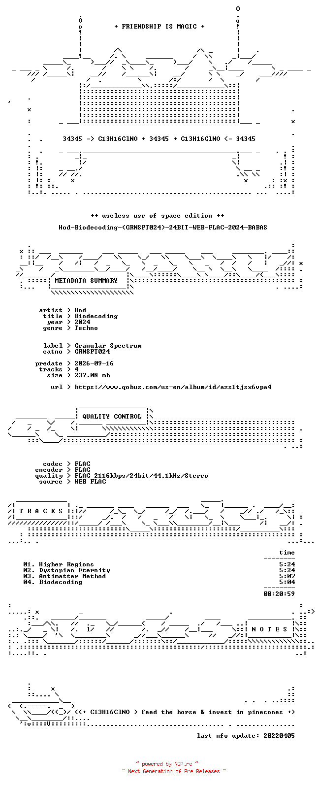 NFO for the release Hod-Biodecoding-(GRNSPT024)-24BIT-WEB-FLAC-2024-BABAS by BABAS