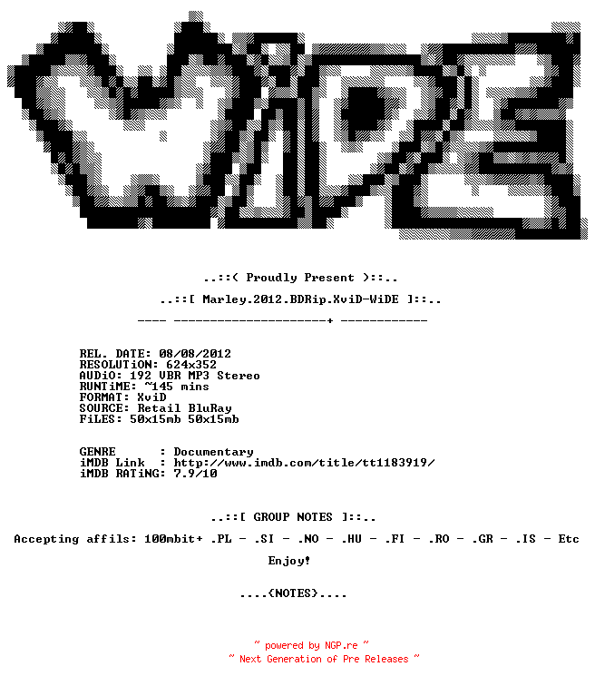 NFO for the release Marley.2012.BDRip.XviD-WiDE by WiDE