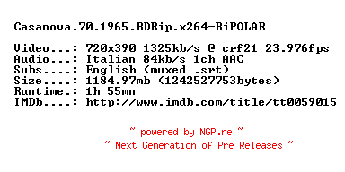NFO for the release Casanova.70.1965.BDRip.x264-BiPOLAR by BiPOLAR