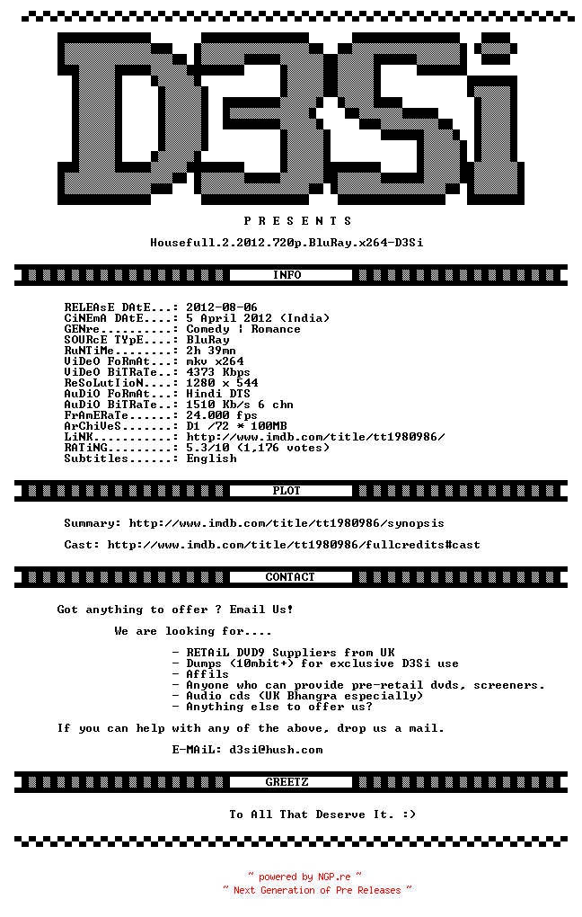 NFO for the release Housefull.2.2012.720p.BluRay.x264-D3Si by D3Si