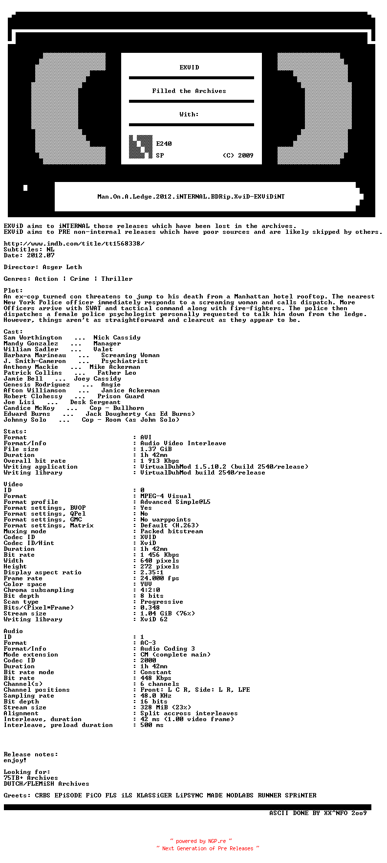 NFO for the release Man.On.A.Ledge.2012.iNTERNAL.BDRip.XviD-EXViDiNT by EXViDiNT