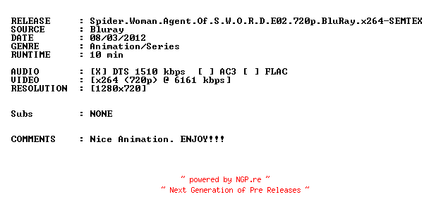 NFO for the release Spider.Woman.Agent.Of.S.W.O.R.D.E02.720p.BluRay.x264-SEMTEX by SEMTEX