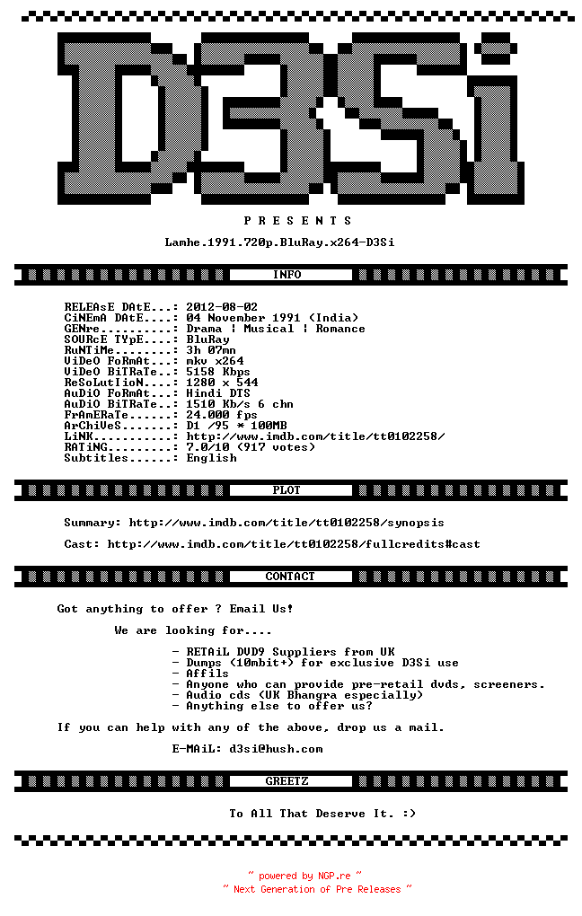 NFO for the release Lamhe.1991.720p.BluRay.x264-D3Si by D3Si