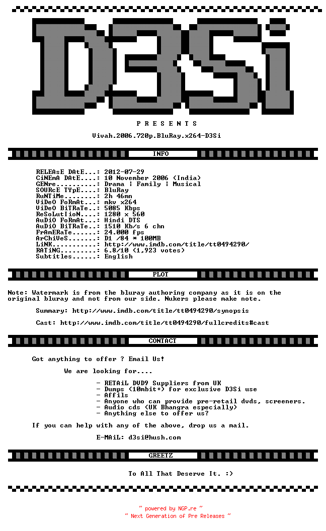 NFO for the release Vivah.2006.720p.BluRay.x264-D3Si by D3Si
