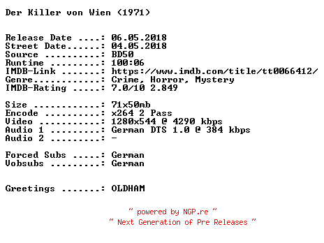 NFO for the release Der.Killer.von.Wien.1971.German.720p.BluRay.x264-SPiCY by SPiCY