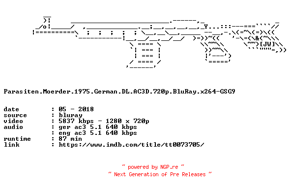 NFO for the release Parasiten.Moerder.1975.German.DL.AC3D.720p.BluRay.x264-GSG9 by GSG9