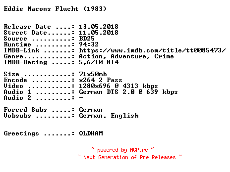 NFO for the release Eddie.Macons.Flucht.1983.German.720p.BluRay.x264-SPiCY by SPiCY