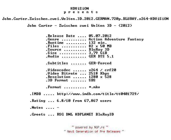 NFO for the release John.Carter.Zwischen.zwei.Welten.3D.2012.GERMAN.720p.BLURAY.x264-HDViSiON by HDViSiON