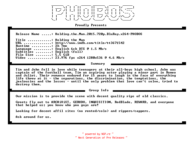 NFO for the release Holding.the.Man.2015.720p.BluRay.x264-PHOBOS by PHOBOS