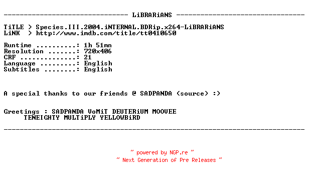 NFO for the release Species.III.2004.iNTERNAL.BDRip.x264-LiBRARiANS by LiBRARiANS