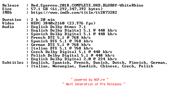 NFO for the release Red.Sparrow.2018.COMPLETE.UHD.BLURAY-WhiteRhino by WhiteRhino