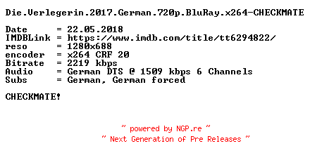 NFO for the release Die.Verlegerin.2017.German.720p.BluRay.x264-CHECKMATE by CHECKMATE