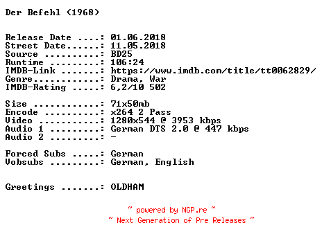 NFO for the release Der.Befehl.1968.German.720p.BluRay.x264-SPiCY by SPiCY
