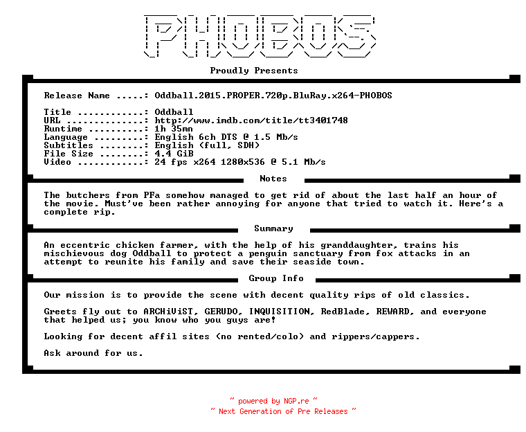 NFO for the release Oddball.2015.PROPER.720p.BluRay.x264-PHOBOS by PHOBOS