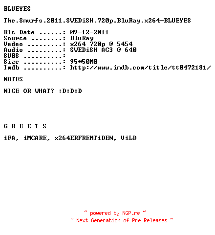 NFO for the release The.Smurfs.2011.SWEDiSH.720p.BluRay.x264-BLUEYES by BLUEYES