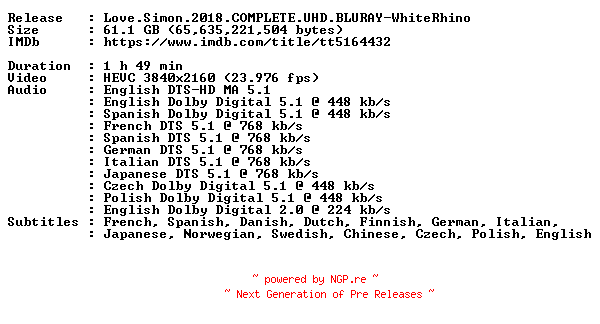 NFO for the release Love.Simon.2018.COMPLETE.UHD.BLURAY-WhiteRhino by WhiteRhino