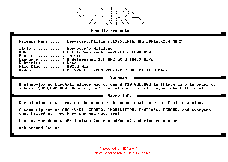 NFO for the release Brewsters.Millions.1985.iNTERNAL.BDRip.x264-MARS by MARS