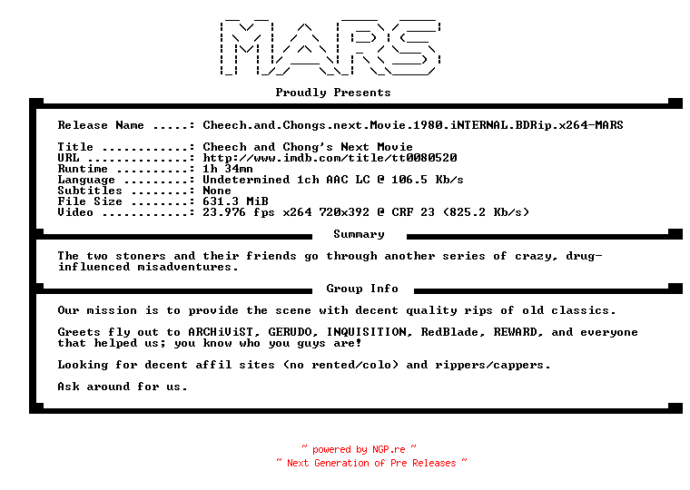 NFO for the release Cheech.and.Chongs.next.Movie.1980.iNTERNAL.BDRip.x264-MARS by MARS